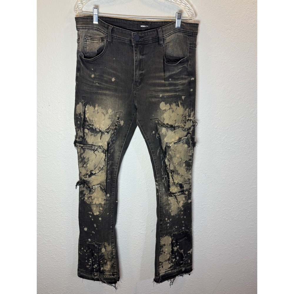 Fashion Nova No CAP stacked skinny flare jeans Bleach Splatter Jean Black 34 x36